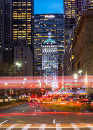 Met Life building, a view from Park Avenue at night