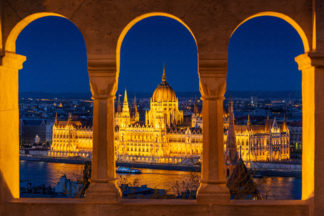 A view to Pairlament building in Budapest at night from Fisherman's Bastion,