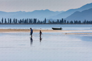 Father and son walking in shallow water of Delta Neretva