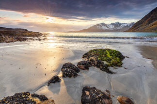 Norway Grøtfjord beach at cloudy sunset