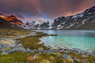 Norway fjord, near Grøtfjord at cloudy sunset