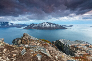 Fjords in Norway, Brosmetinden. A view to Sessoya island