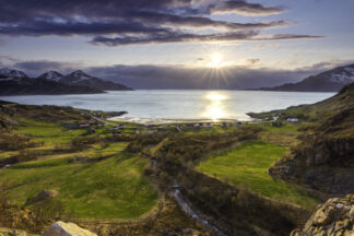 Norway Grøtfjord beach at cloudy sunset