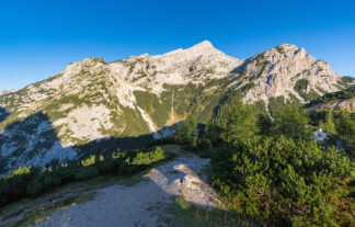 Julian alps in Slovenia. View to the Mala Mojstrovka mountain peak from the Postman's Lodge on the Vršič Pass