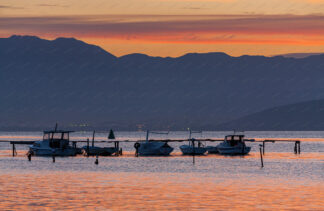 Docking boats at sunrise, Trogir in Croatia