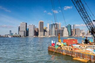 New York City skyline with floating work platform in front