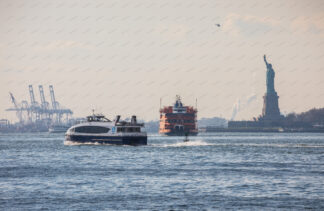 Ferry boats in New York with Statue of liberty on the back