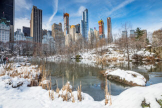 Central park in winter, a view to Manhattan buildings, New York City