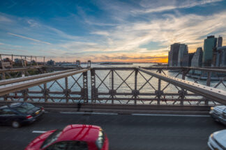 Brooklyn bridge skyline sunset in New York