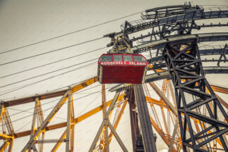 Cabel car over East river (color tint) in New York City