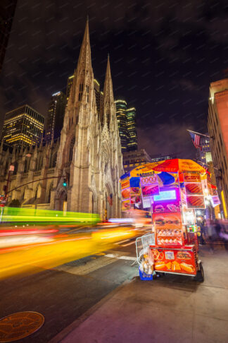 St. Patrick's Cathedral on 5th avenue and Fast food stand in New York City