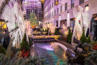 Christmas decorations at Rockefeller Center at night in New York City