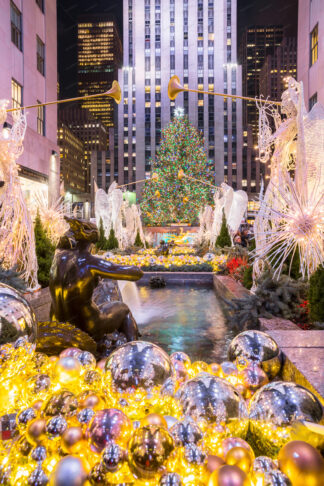 Christmas decorations at Rockefeller Center at night in New York City