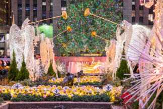 Christmas decorations at Rockefeller Center at night in New York City