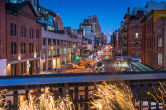 High Line Park walkway, view to 14st at night,  New York City