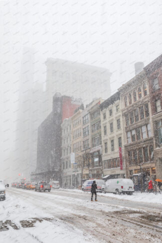 Flatiron building at heawy snow storm in New York City