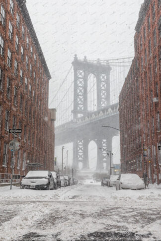 Heavy snowfall at Manhattan Bridge in Washington street; Dumbo, New York City,