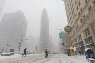 Flatiron building at heawy snow storm in New York City