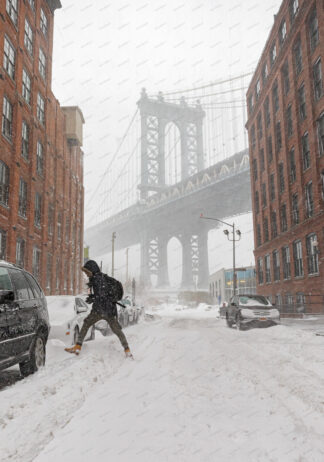 Heavy snowfall in Washington street a view to Manhattan bridge; Dumbo, New York City