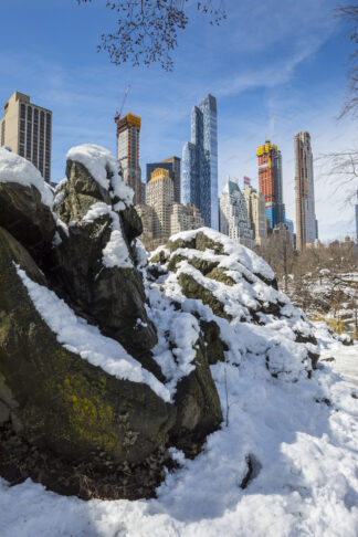 Central park in winter, a view to Manhattan buildings, New York City