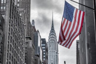 Chrysler Building with american flag in New York City