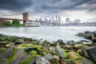 Brooklyn Bridge and New York City Downtown at rainy day