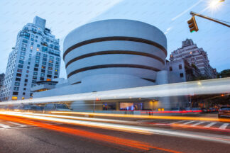 The Solomon R Guggenheim museum at night in New York City