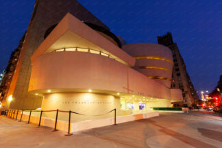 The Solomon R Guggenheim museum at night in New York City