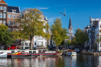 Amsterdam, Amstel canal and Zuiderkerk tower, Netherlands