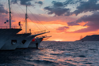 Yacht docking at sunset in Korcula harbor, Croatia